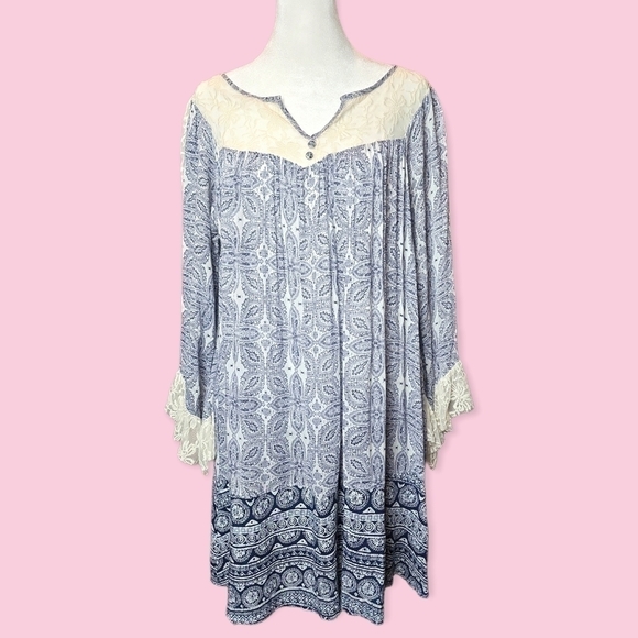 Embroidered Ivory Lace Bell Sleeve Paisley Boho Long Sleeve Dress with Pockets L - Picture 2 of 6